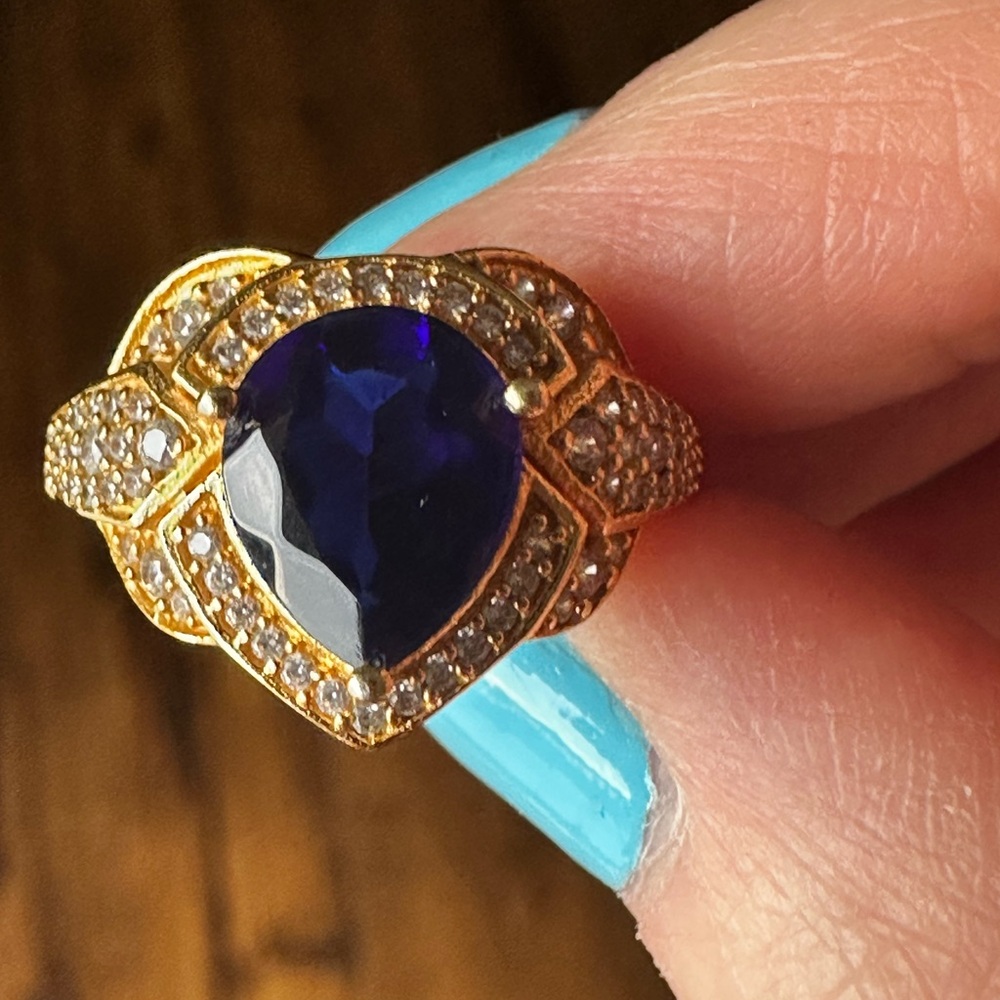 Gold plated (over 925 silver) size 6 blue and white sapphire ring